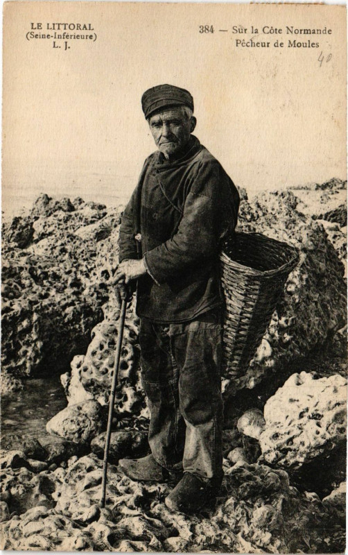 Carte postale ancienne Sur la Cote Normande Pecheur de Moules à Eu