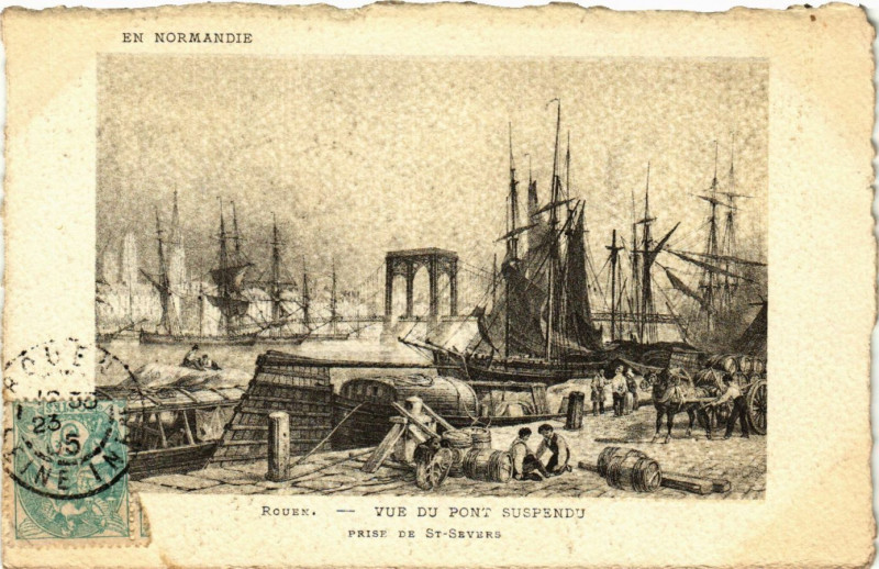 Carte postale ancienne Rouen-Vue du Pont Suspendu Prise de Saint-Severs à Rouen