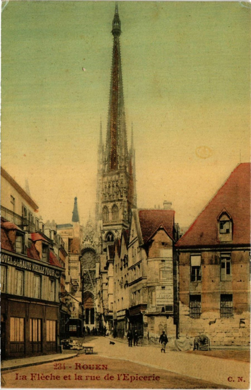Carte postale ancienne Rouen-La Fleche et la rue de l'Epicerie à Rouen