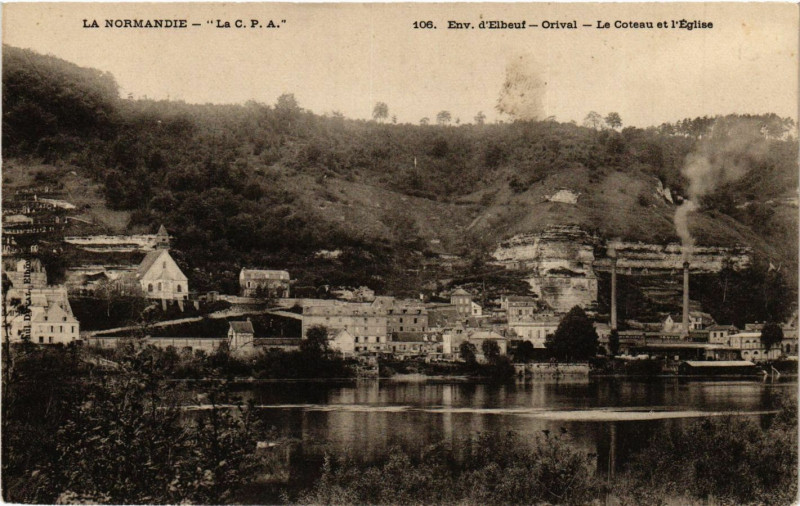 Carte postale ancienne Env. d'Elbeuf-Orival-Le Coteau et l'Eglise à Orival