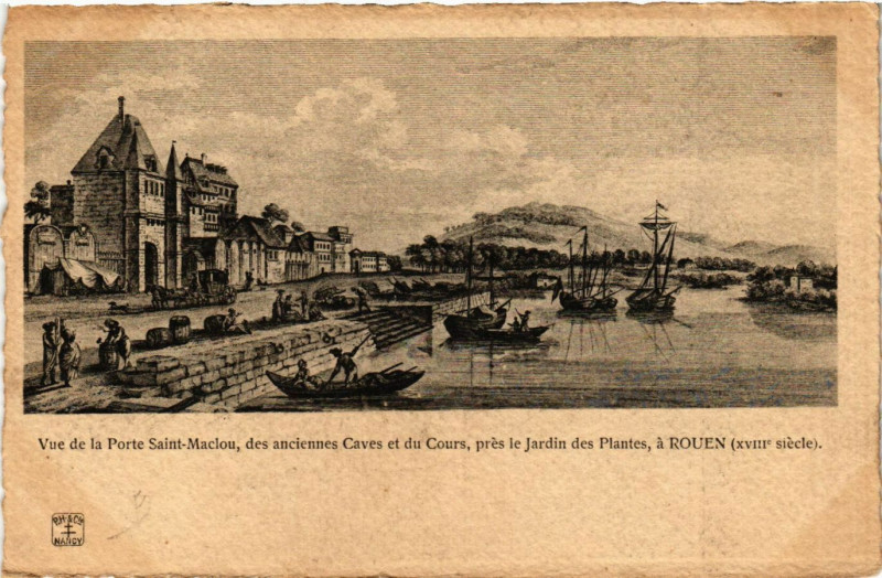 Carte postale ancienne Vue de la Porte Saint-Maclou des anciennes Caves et du Cours