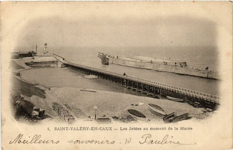 Carte postale ancienne Saint-Valery en Caux-Les Jetées au moment de la Marée à Ry