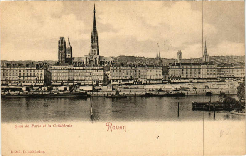 Carte postale ancienne Rouen-Quai de Paris et la Cathedrale à Rouen