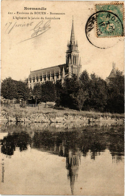 Carte postale ancienne Env. de Rouen-Bon-Secours L'Eglise et le jardin du funiculaire à Rouen