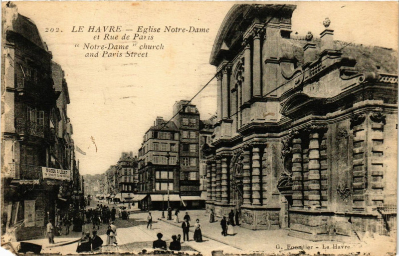 Carte postale ancienne Le Havre-Eglise Notre-Dame et Rue de Paris au Havre