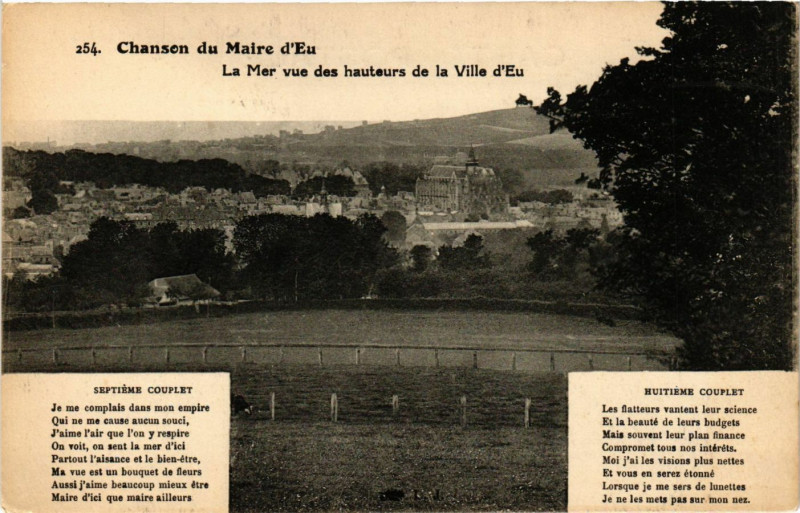 Carte postale ancienne La Mer vue des hauteurs de la Ville d'Eu - chanson du Maire d'Eu à Eu