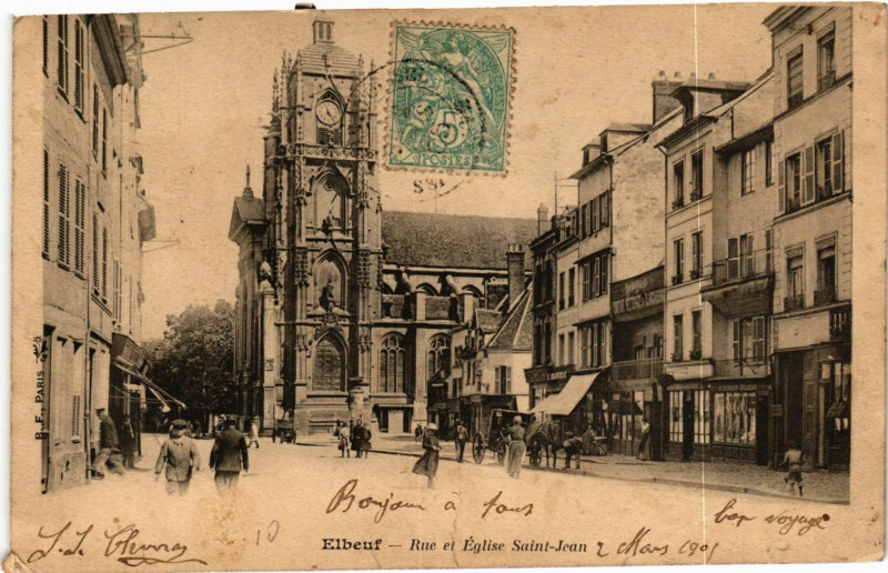 Carte postale ancienne Elbeuf-Rue et Eglise Saint-Jean à Elbeuf