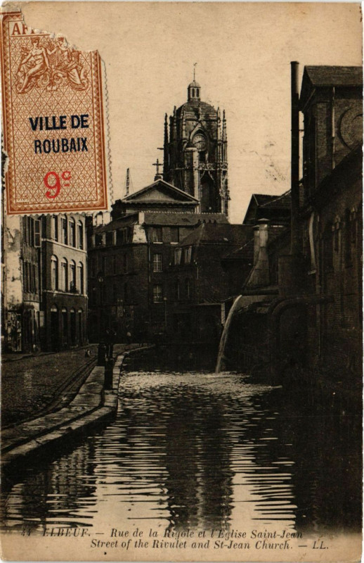 Carte postale ancienne Elbeuf-Rue de la Rigole et l'Eglise Saint-Jean à Elbeuf