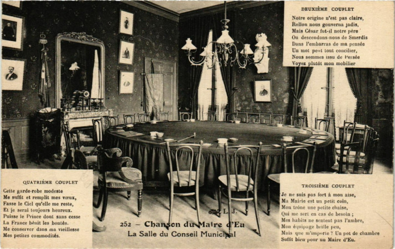 Carte postale ancienne Chanson du Maire d'Eu - La Salle du Conseil Municipal à Eu