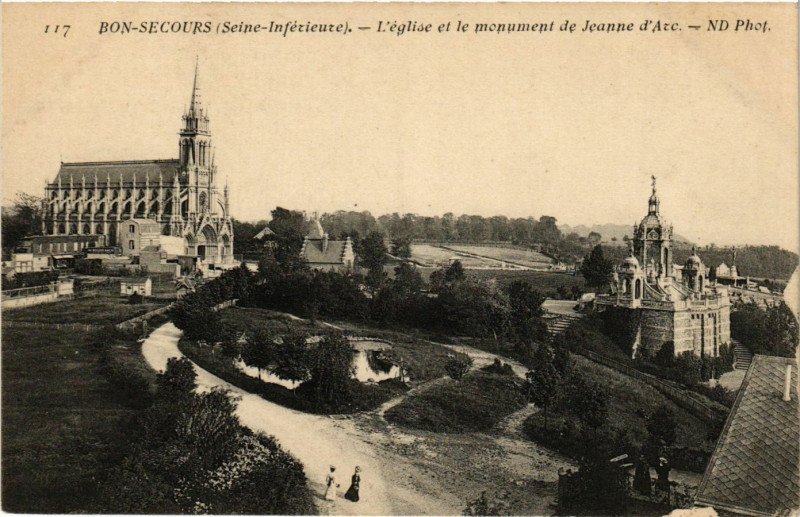 Carte postale ancienne Bon-Secours L'Eglise et le monument de Jeanne d'Arc