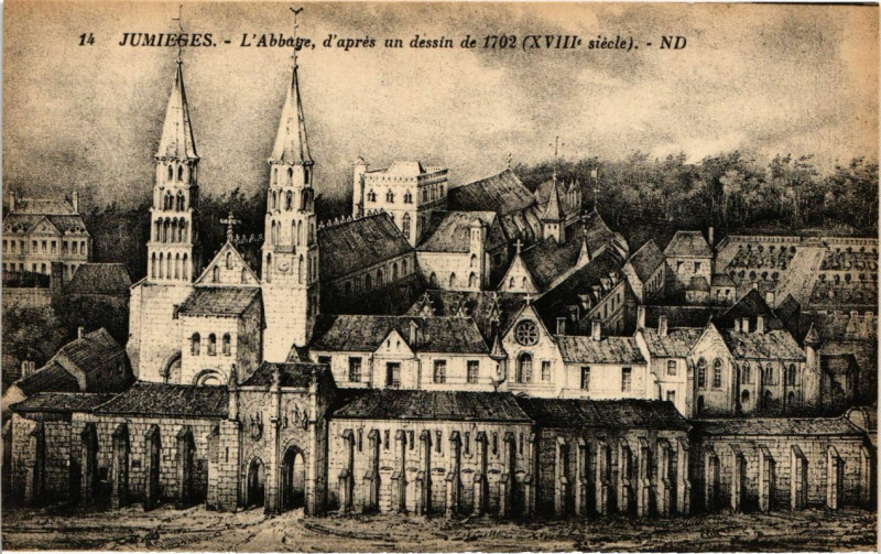 Carte postale ancienne Jumieges-L'Abbaye d'apres un dessin de 1702 à Jumièges