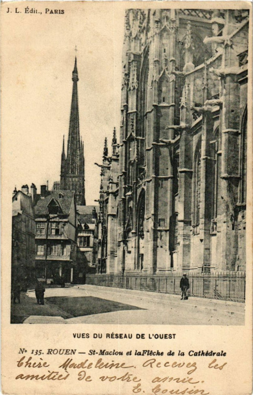 Carte postale ancienne Rouen-Saint-Maclou et la Fleche de la Cathedrale à Rouen