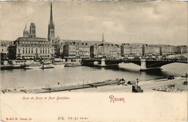 Carte postale ancienne Rouen-Quai de Paris et Pont Boieldieu à Rouen