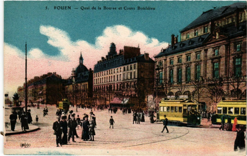 Carte postale ancienne Rouen-Quai de la Bourse et Cours Boieldieu à Rouen