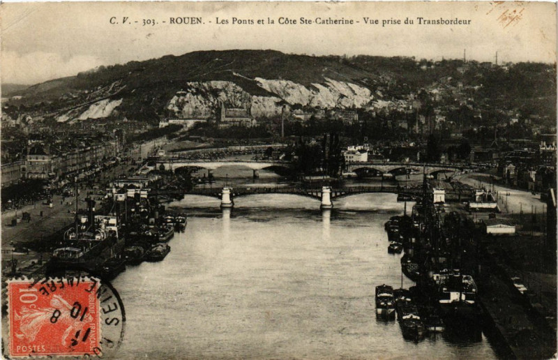 Carte postale ancienne Rouen-Les Ponts et la Cote Sainte-Catherine-Vue prise du Transbordeur à Rouen