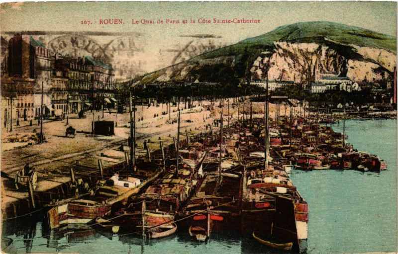 Carte postale ancienne Rouen-Le Quai de Paris et la Cote Sainte-Catherine à Rouen