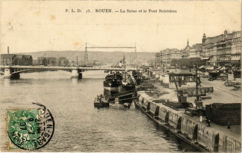 Carte postale ancienne Rouen-La Seine et le Pont Boieldieu à Rouen