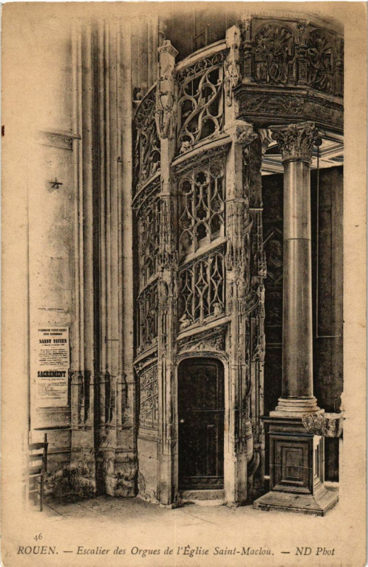 Carte postale ancienne Rouen-Escalier des Orgues de l'Eglise Saint-Maclou à Rouen