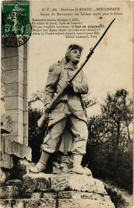 Carte postale ancienne Env. de Rouen-Moulineaux-Statue du Monument des Soldats à Moulineaux