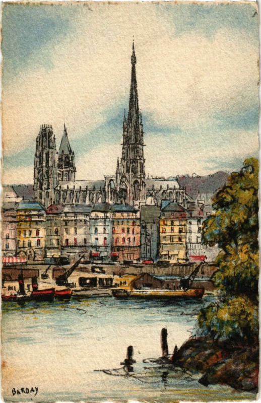 Carte postale ancienne Rouen - Le Quai de Paris et la Cathedrale à Rouen
