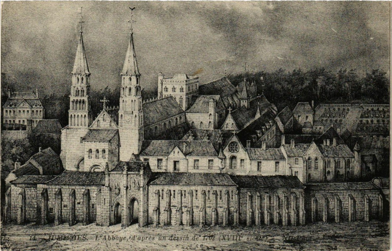 Carte postale ancienne Jumieges - L'Abaye - apres un dessin à Jumièges