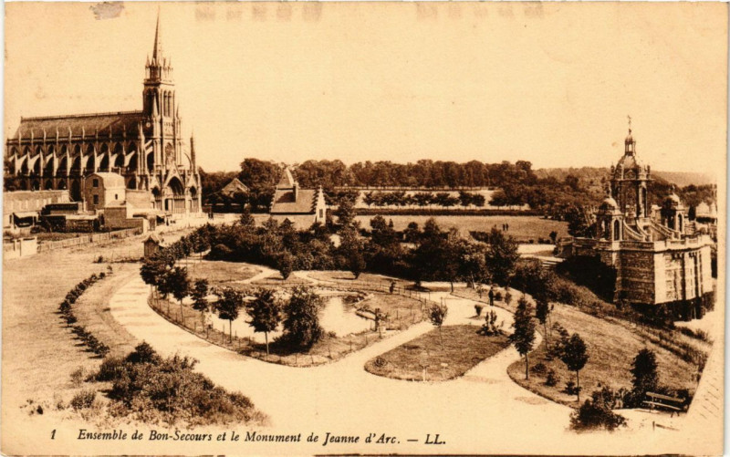 Carte postale ancienne Bon-Secours - Eglise et Monument de Jeanne d'Arc