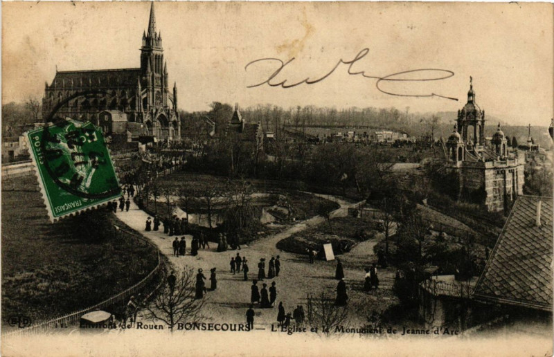 Carte postale ancienne Bon-Secours - Eglise et Monument de Jeanne d'Arc