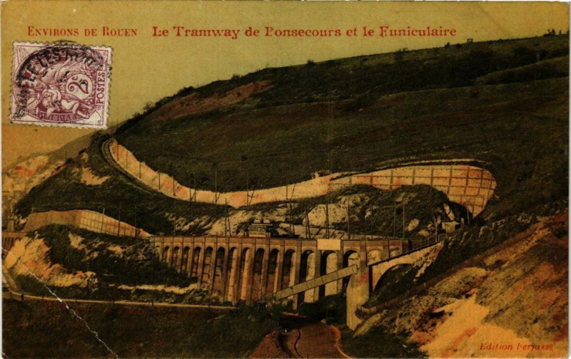 Carte postale ancienne Rouen-Le Tramway de Ponsecours et le Funiculaire à Rouen