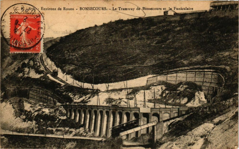 Carte postale ancienne Rouen-Bon-Secours-Le Tramway de Bon-Secours et la Funiculaire à Rouen