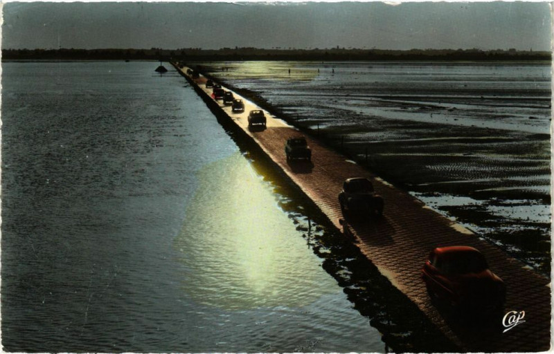 Carte postale ancienne Ile de Noirmoutier-Le Passage du Gois au Soleil couchant