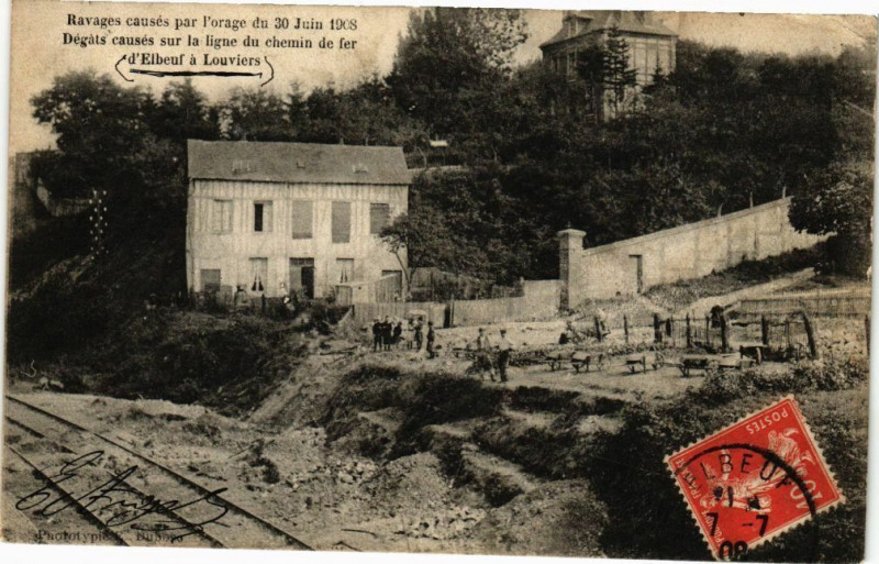 Carte postale ancienne Degats causes sur la ligne du chemin de fer d'Elbeuf a Louviers à Elbeuf