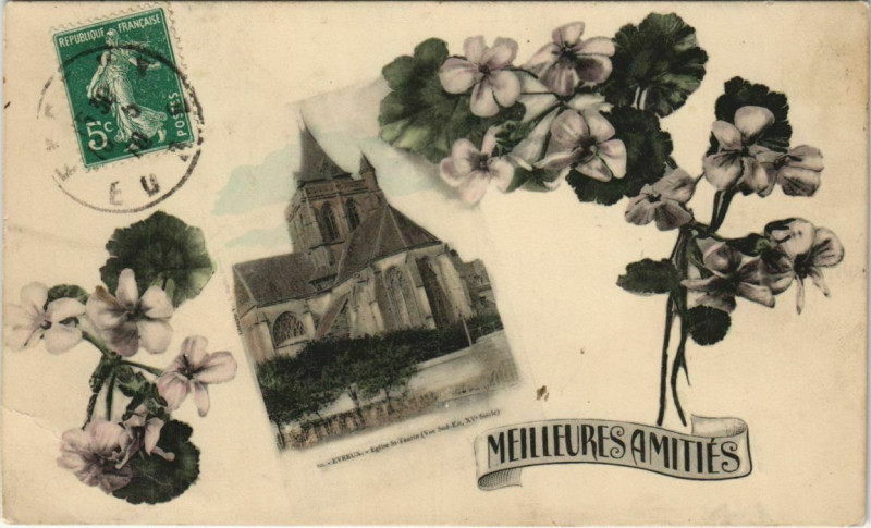 Carte postale ancienne Evreux-Eglise Saint-Taurin-Meilleures Amitiés à Évreux