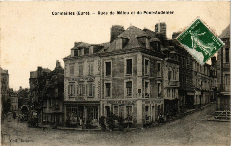 Carte postale ancienne Cormeilles - Rues de Malou et de Pont-Audemer à Cormeilles