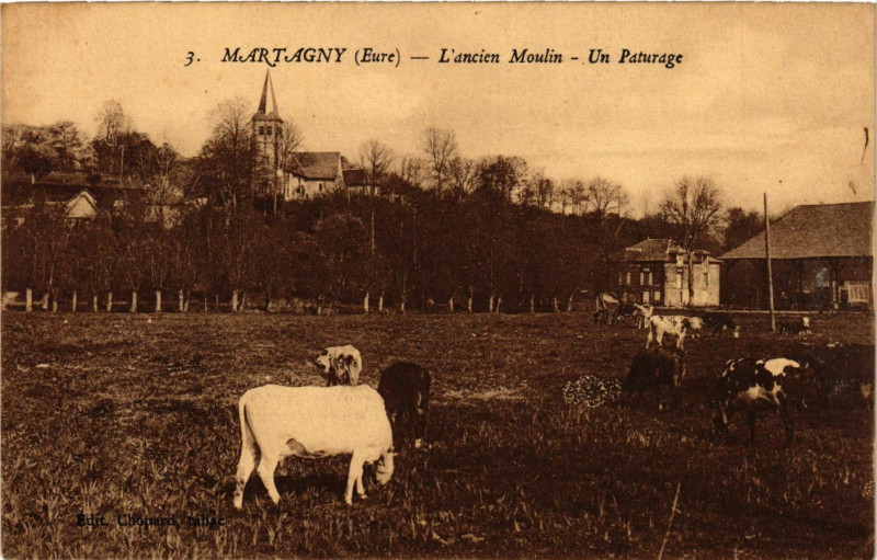 Carte postale ancienne Martagny - L'ancien Moulin - Un Paturage à Martagny