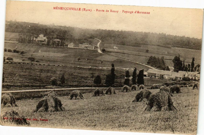 Carte postale ancienne Ménesqueville - Route de Rosay - Paysage d'Automne à Ménesqueville