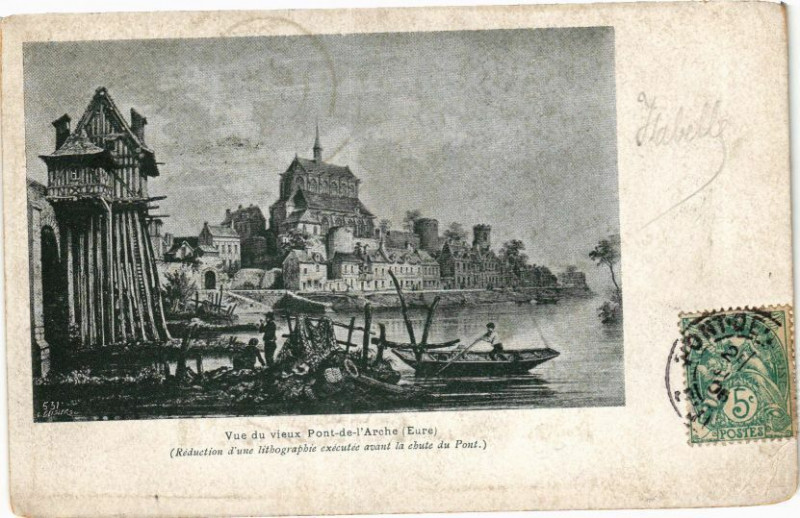Carte postale ancienne Vue du vieux Pont-de-l'Arche (Réduction d'une lithographie... à Pont-de-l'Arche