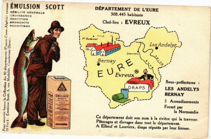 Carte postale ancienne Départment de l'Eure 308445 habitants - Chef-lieu :EVREUX ..