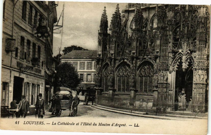 Carte postale ancienne Louviers - La Cathédrale et l'Hotel du Moulon d'Argent à Louviers