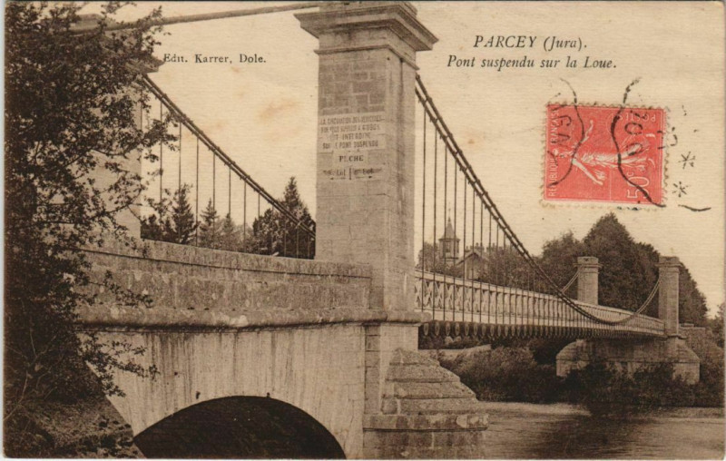 Carte postale ancienne Parcey - Pont suspendu sur la Loue à Parcey