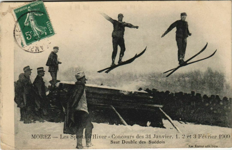 Carte postale ancienne Morez-Jura - Saut double des Suedois