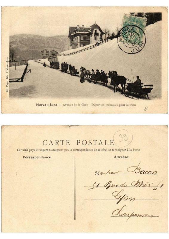 Carte postale ancienne Morez - Jura Avenue de la Gare. Départ en traineaux pour le train à Our