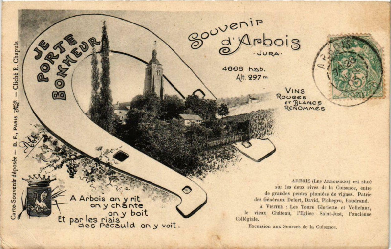 Carte postale ancienne Souvenir d'Arbois Je porte bonheur à Arbois