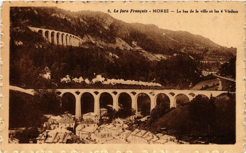 Carte postale ancienne Morez Le Bas de la Ville et les 4 viaducs.