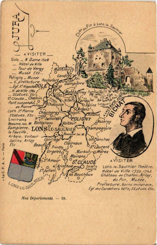 Carte postale ancienne Jura carte map du Département.