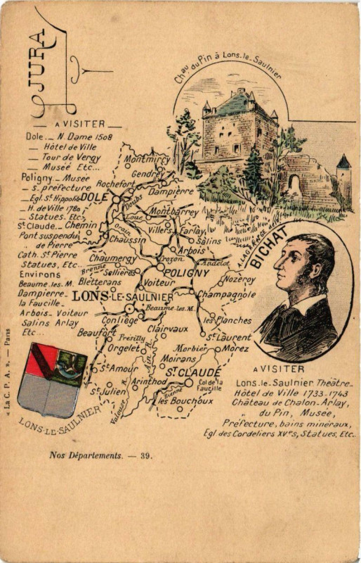 Carte postale ancienne Jura carte map du Département.