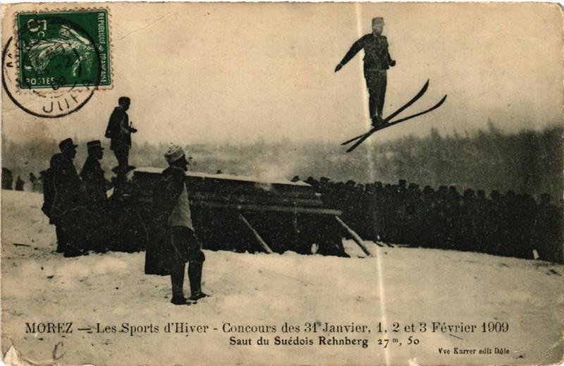 Carte postale ancienne Morez Sports d'hiver Saut du Suedois Rehnberg