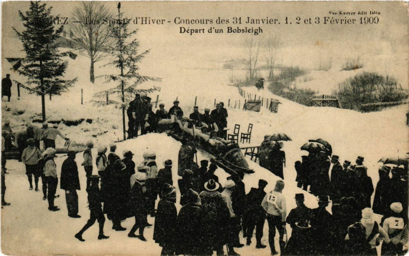 Carte postale ancienne Morez - Concours de 31 Janvier 1909, Depart d'un Bobsleigh à Our