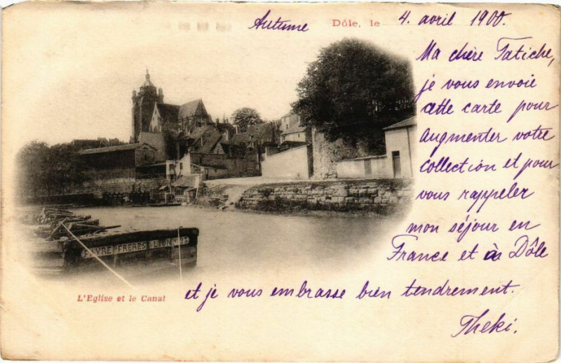 Carte postale ancienne Dole-L'Eglise et le Canal à Dole
