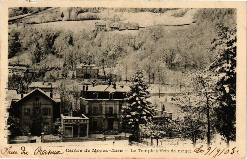 Carte postale ancienne Morez - Le Temple - effets de neige