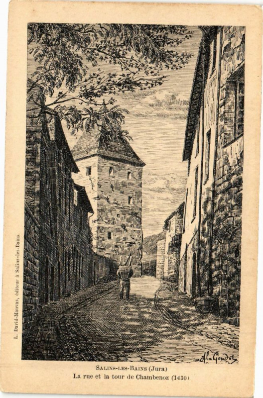 Carte postale ancienne Salins-les-Bains - La rue et la tour de CHAMBONenoz à Salins-les-Bains